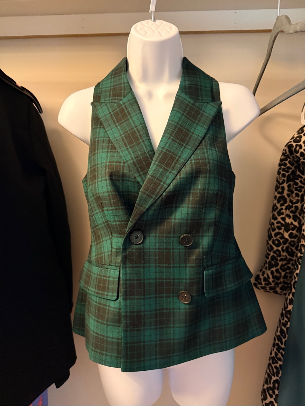 Ann Taylor Holiday Tartan Forest Green Double-Breasted Vest